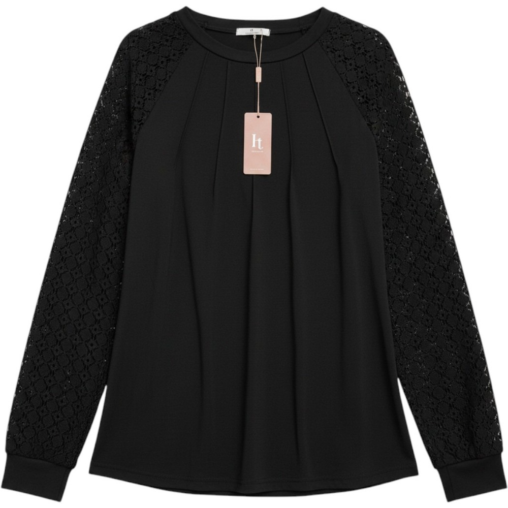 Hotouch Blouse Womens Medium Black New Lace Long Sleeve Pleated Crew Neck Top